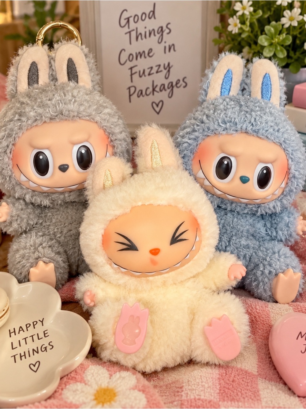 Lot of 3 Authentic Pop Mart Labubu Plush Pendants Macaron & Have a Seat Series